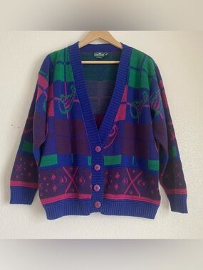 Vintage Cabin Creek knit cornucopia cardigan sweater, multi-color, M
